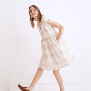 EUC MADEWELL Cap-Sleeve Button-Front Mini Dress in Plaid- peach cream XS